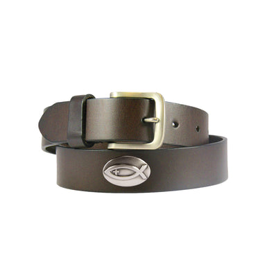 Jesus Fish Kids Leather Brown Belt – Youth Fishing Belt with Emblem S-XL