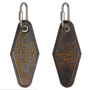 Kentucky Wildcats Collegiate Full Grain Leather Key Fob. Brown Burnished Embossed Keychain.