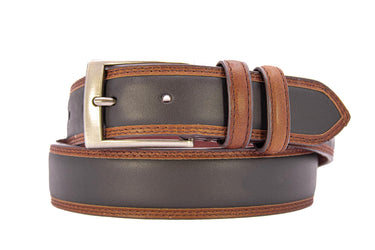 Mens Two Tone Full Grain Leather Belt | Black Leather Belt with Brown Trim| Casual Dress Belt