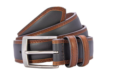 Mens Two Tone Full Grain Leather Belt | Black Leather Belt with Brown Trim| Casual Dress Belt