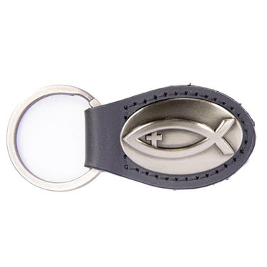 Jesus Fish Leather Keychain - Brown or Black Leather Key Ring - Gift for Him