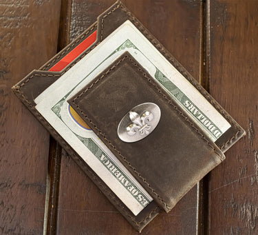 Fleur De Lis Magnetic Leather Wallet | Slim Front Pocket Card Holder | Minimalist Clip Wallet