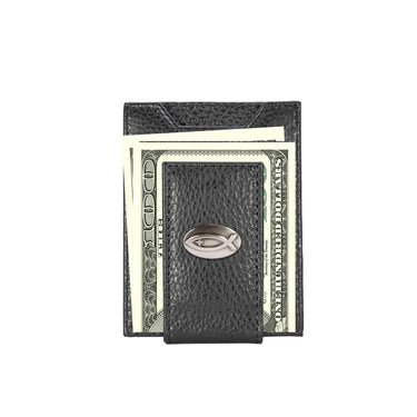 Jesus Fish Magnetic Leather Wallet | Slim Front Pocket Card Holder | Minimalist Clip Wallet