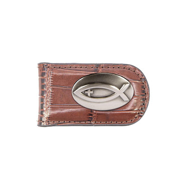 Jesus Fish Leather Magnetic Money Clip Wallet - Slim Front Pocket Silver Emblem - 6 Colors