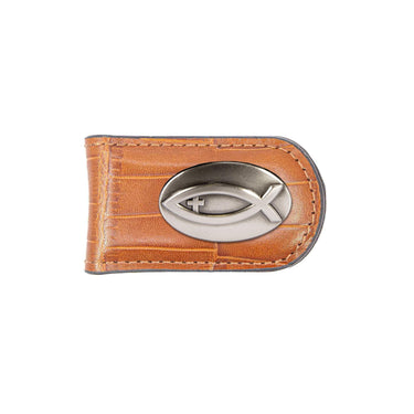 Jesus Fish Leather Magnetic Money Clip Wallet - Slim Front Pocket Silver Emblem - 6 Colors