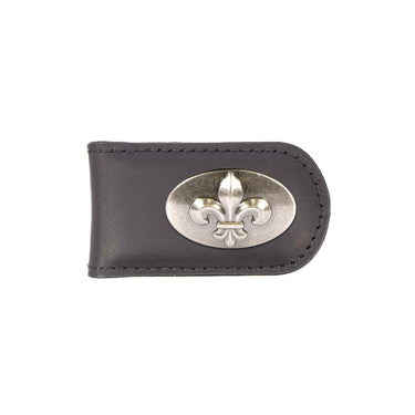 Fleur De Lis Leather Magnetic Money Clip Wallet - Slim Front Pocket Silver Emblem - 6 Colors