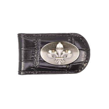 Fleur De Lis Leather Magnetic Money Clip Wallet - Slim Front Pocket Silver Emblem - 6 Colors