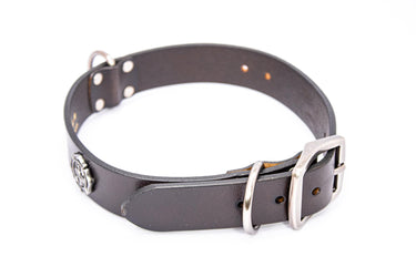 Maltese Cross Brown Leather Dog Collar - Antique Silver Logo