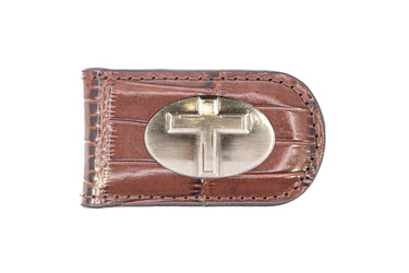 Christian Cross Leather Magnetic Money Clip Wallet - Slim Front Pocket Silver Emblem - 6 Colors