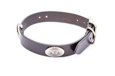 Anchor Brown Leather Dog Collar - Antique Silver Logo