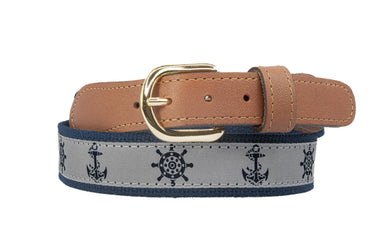 Anchor Wheel Woven Gray Ribbon Belt - Navy Webbing Nautical Style - Boating Gift
