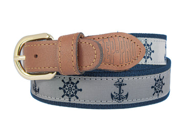 Anchor Wheel Woven Gray Ribbon Belt - Navy Webbing Nautical Style - Boating Gift