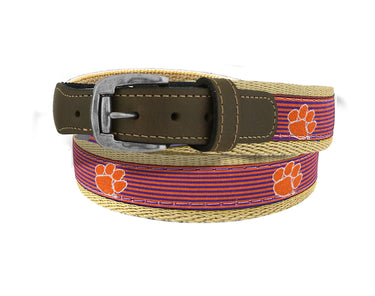 Clemson Tigers Preppy Pinstripe Ribbon Belt with Khaki Webbing and Brown Leather Tabs