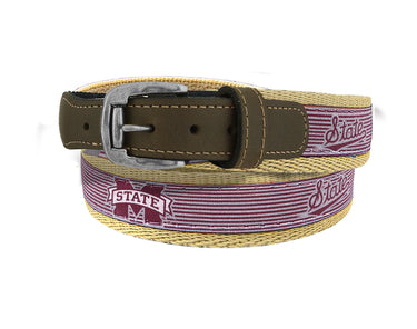 Mississippi State Bulldogs Preppy Pinstripe Ribbon Belt with Khaki Webbing and Brown Leather Tabs