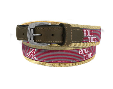 Alabama Crimson Tide Preppy Pinstripe Ribbon Belt with Khaki Webbing and Brown Leather Tabs