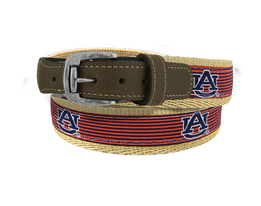Auburn Tigers Preppy Pinstripe Ribbon Belt with Khaki Webbing and Brown Leather Tabs