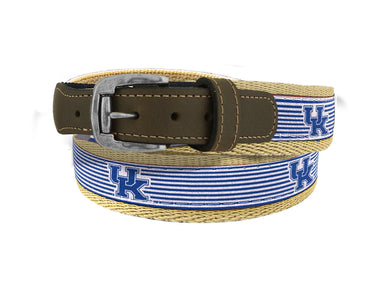 Kentucky Wildcats Preppy Pinstripe Ribbon Belt with Khaki Webbing and Brown Leather Tabs