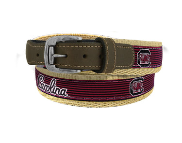 South Carolina Gamecocks Preppy Pinstripe Ribbon Belt with Khaki Webbing and Brown Leather Tabs