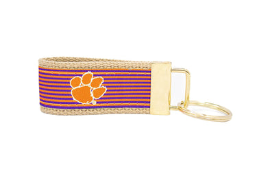 Clemson Tigers Preppy Pinstripe Ribbon Keychain with Khaki Webbing and Brass Hardware
