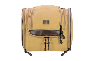 USA Flag Men’s Khaki Waxed Canvas Hanging Toiletry Dopp Bag with Silver Logo