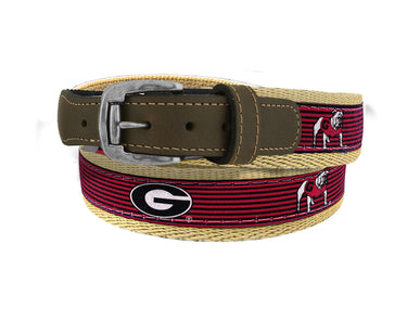 Georgia Bulldogs Preppy Pinstripe Ribbon Belt with Khaki Webbing and Brown Leather Tabs