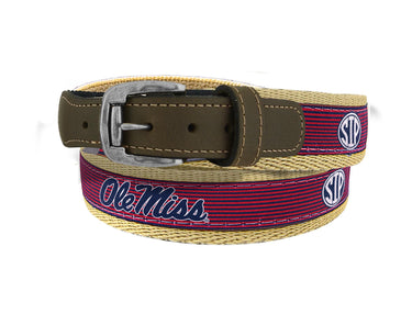 Ole Miss Rebels Preppy Pinstripe Ribbon Belt with Khaki Webbing and Brown Leather Tabs