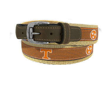 Tennessee Vols Preppy Pinstripe Ribbon Belt with Khaki Webbing and Brown Leather Tabs