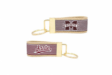 Mississippi State Bulldogs Preppy Pinstripe Ribbon Keychain with Khaki Webbing and Brass Hardware