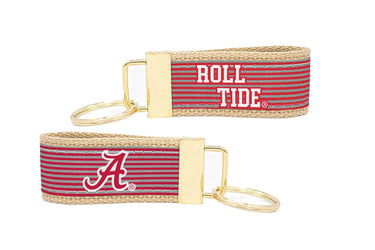 Alabama Crimson Tide Preppy Pinstripe Ribbon Keychain with Khaki Webbing and Brass Hardware