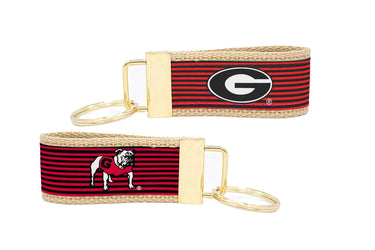 Georgia Bulldogs Preppy Pinstripe Ribbon Keychain with Khaki Webbing and Brass Hardware