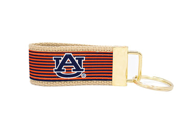 Auburn Tigers Preppy Pinstripe Ribbon Keychain with Khaki Webbing and Brass Hardware