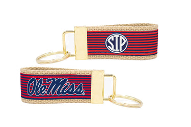 Ole Miss Rebels Preppy Pinstripe Ribbon Keychain with Khaki Webbing and Brass Hardware