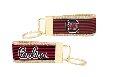South Carolina Gamecocks Preppy Pinstripe Ribbon Keychain with Khaki Webbing and Brass Hardware