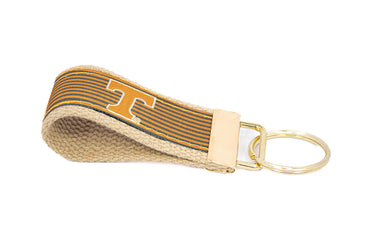 Tennessee Vols Preppy Pinstripe Ribbon Keychain with Khaki Webbing and Brass Hardware