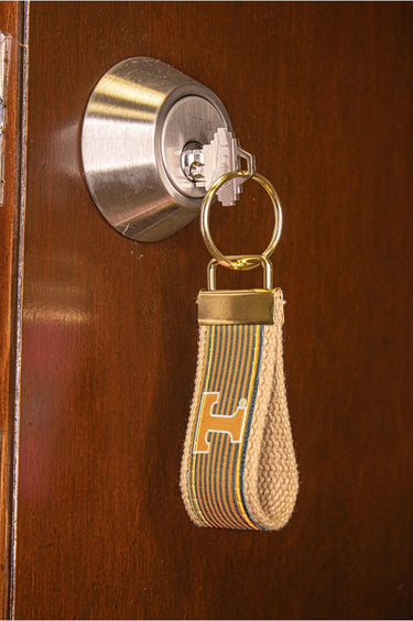 Tennessee Vols Preppy Pinstripe Ribbon Keychain with Khaki Webbing and Brass Hardware