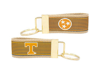 Tennessee Vols Preppy Pinstripe Ribbon Keychain with Khaki Webbing and Brass Hardware
