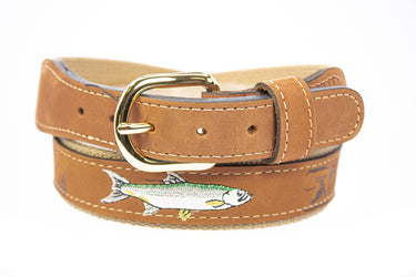 Tarpon Embroidered Nubuck Leather Belt. Tan Full Grain Leather Tabs, Solid Brass Buckle and Cotton Webbing.