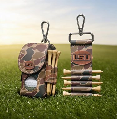 LSU Tigers Leather Golf Ball and Tee Holder - Brown or Camo Golf Bag Clip