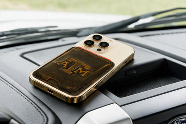 Texas A&M Aggies Magnetic Phone Card Holder – Brown Burnished Leather or Old School Camo