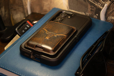 Texas Longhorns Magnetic Phone Card Holder – Brown Burnished Leather or Old School Camo
