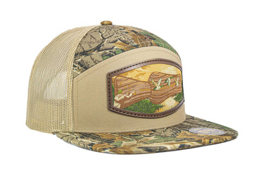 Duck Call Hunting Woven Patch Old School Camo Hat. 7-Panel Richardson 168 Trucker Snapback Cap