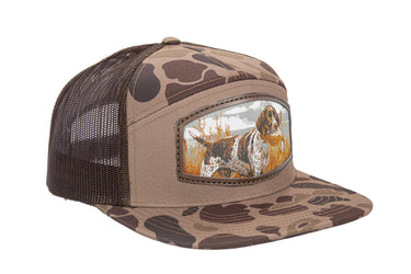Pointer Birddog Hunting Woven Patch Old School Camo Hat. 7-Panel Richardson 168 Trucker Snapback Cap