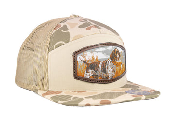 Pointer Birddog Hunting Woven Patch Old School Camo Hat. 7-Panel Richardson 168 Trucker Snapback Cap