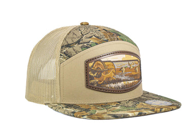 Hunting Dog Shotshell Woven Patch Old School Camo Hat. 7-Panel Richardson 168 Trucker Snapback Cap