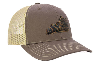 Kentucky Map Leather Patch Trucker Hat. Burnished Full Grain Leather. Snapback Trucker Hat. Richardson 112 Cap. Kentucky State Headwear.