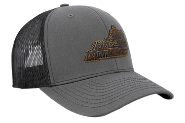 Kentucky Map Leather Patch Trucker Hat. Burnished Full Grain Leather. Snapback Trucker Hat. Richardson 112 Cap. Kentucky State Headwear.