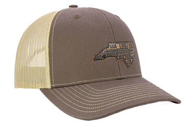North Carolina Map Leather Patch Trucker Hat. Burnished Full Grain Leather. Snapback Trucker Hat. Richardson 112 Cap. NC Headwear.