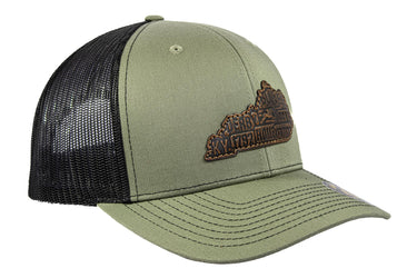 Virginia Map Leather Patch Trucker Hat. Burnished Full Grain Leather. Snapback Trucker Hat. Richardson 112 Cap. VA State Headwear.