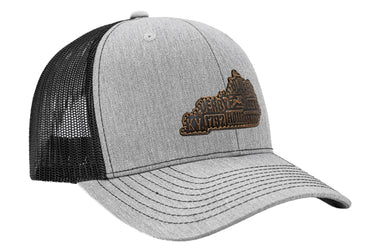Virginia Map Leather Patch Trucker Hat. Burnished Full Grain Leather. Snapback Trucker Hat. Richardson 112 Cap. VA State Headwear.