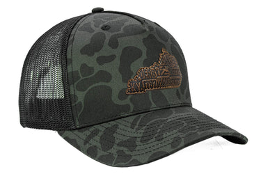 Virginia Map Old School Camo Trucker Hat. Burnished Full Grain Leather Patch. 5-Panel Richardson 112 Snapback Cap. Stitched Map Patch.